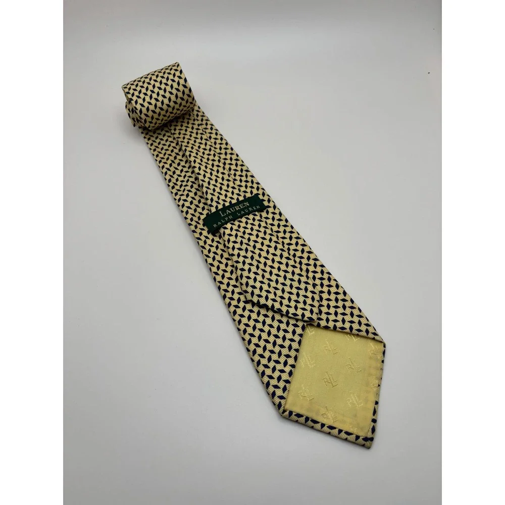 Lauren Ralph Lauren Mens Silk Tie Yellow Navy Blue Geometric Diamond Pattern